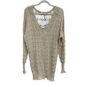 Kye Mi Sweater Size Medium V Neck Long Sleeve Open Weave Beige Comfort Cozy NEW